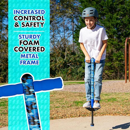 Flybar Pogo Stick for Kids, 40 to 80 Pounds, Perfect for Beginners, Easy Grip Foam Handles, Anti-Slip Foot Pegs, Outdoor Toys for Boys, Jumper Toys for Girls, Outside Toys for Kids (Jolt, Blue Camo)
