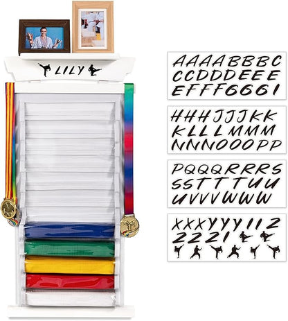 Tilhumt 12/10 Belts Karate Belt Display Rack with Stickers, Taekwondo Belt Display with Trophy/Photo Rack, Felt Dustproof Design, Easy to Put in Belt, Martial Arts Belt Display for Adults