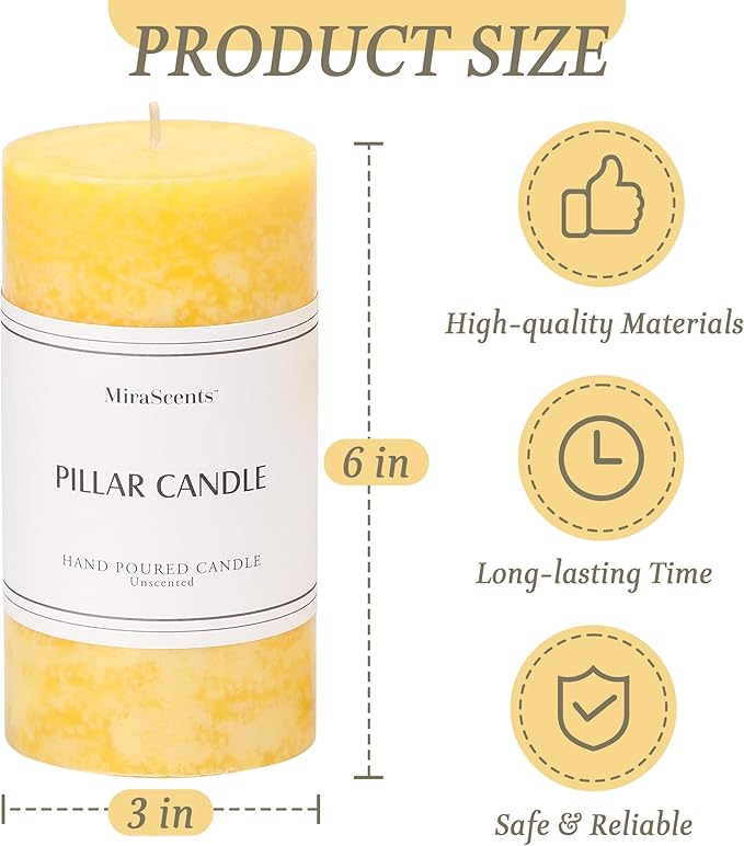 3x6 inch Yellow Pillar Candles Set of 3, Unscented Pillar Candle, Dripless and Smokeless Large Candles, Candle for Home Decor, Dinner Table,Weddings, Holidays