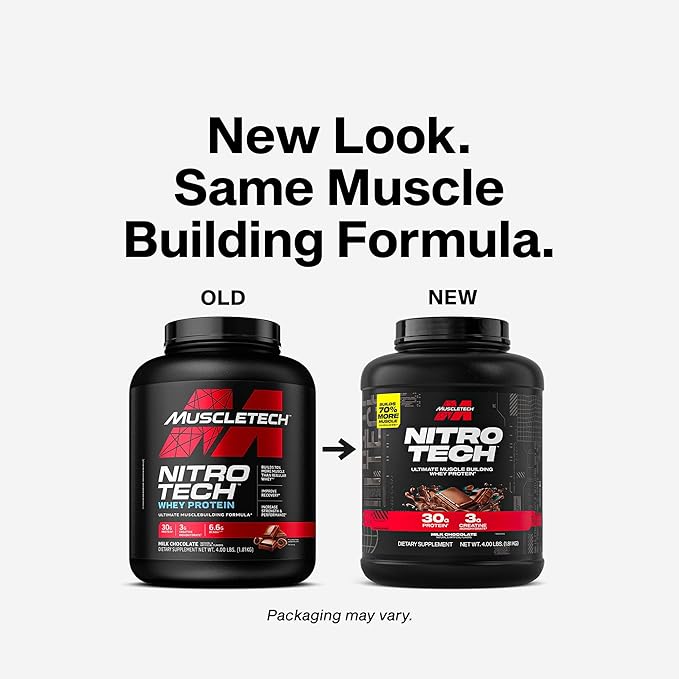 Muscletech Whey Protein Powder (Milk Chocolate, 4 Pound) - Nitro-Tech Ultimate Muscle Building Formula with Whey Protein Isolate - 30g of Protein, 3g of Creatine & 6.8g of BCAA - Packaging May Vary