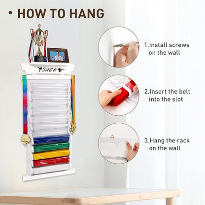 Tilhumt 12/10 Belts Karate Belt Display Rack with Stickers, Taekwondo Belt Display with Trophy/Photo Rack, Felt Dustproof Design, Easy to Put in Belt, Martial Arts Belt Display for Adults