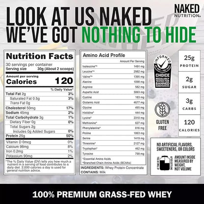 NAKED Whey 2LB 100% Grass Fed Whey Protein Powder - Only 1 Ingredient, Unflavored Whey Protein, Undenatured, Gluten Free, Soy Free, No GMOs, No Preservatives