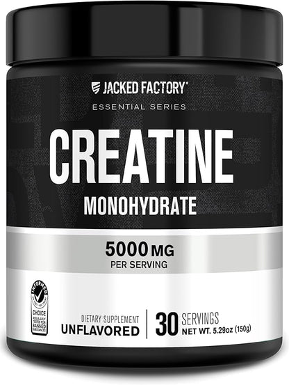 Jacked Factory Creatine Monohydrate Powder 150g - 5g Daily Creatine Supplement for Men and Women, Vegan-Friendly, Third-Party Tested - 30 Servings, Unflavored