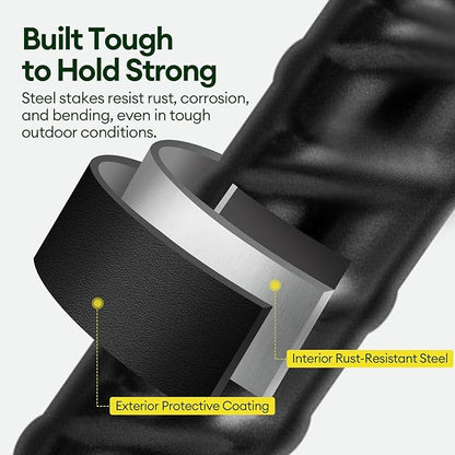 12 Inch Rebar Stakes Heavy Duty 10 Pack, U Shaped Ground Stakes, Galvanized Steel Trampoline Stakes, Tent Anchor Kit Anti-Rust, Drip Hose Wind Stakes, Black