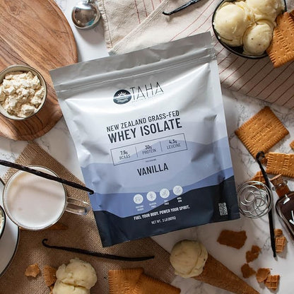 Taha Health & Nutrition Vanilla Whey Protein Isolate Powder, 30g Protein, 7.9g BCAAs, 4.3g Leucine | New Zealand Free-Range, Grass-Fed Dairy | Gluten-Free, Keto, Kosher | 2LB, 25 Servings
