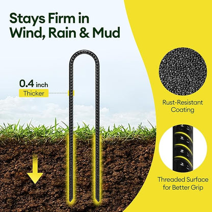 12 Inch Rebar Stakes Heavy Duty 10 Pack, U Shaped Ground Stakes, Galvanized Steel Trampoline Stakes, Tent Anchor Kit Anti-Rust, Drip Hose Wind Stakes, Black