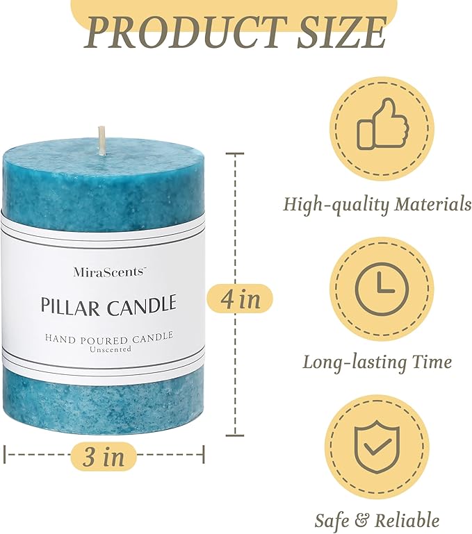 3x4 inch Blue Pillar Candles Set of 3, Unscented Pillar Candle, Dripless and Smokeless Large Candles, Candle for Home Decor, Dinner Table,Weddings, Holidays