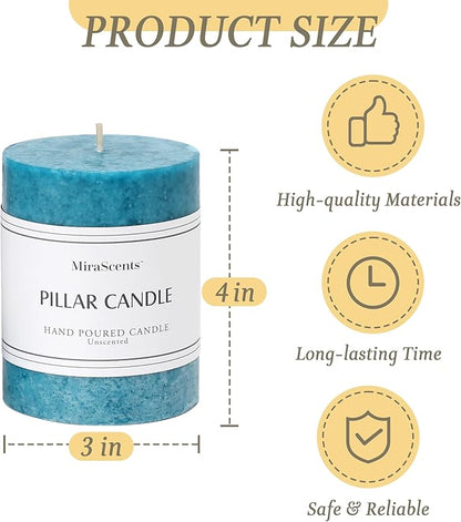 3x4 inch Blue Pillar Candles Set of 3, Unscented Pillar Candle, Dripless and Smokeless Large Candles, Candle for Home Decor, Dinner Table,Weddings, Holidays