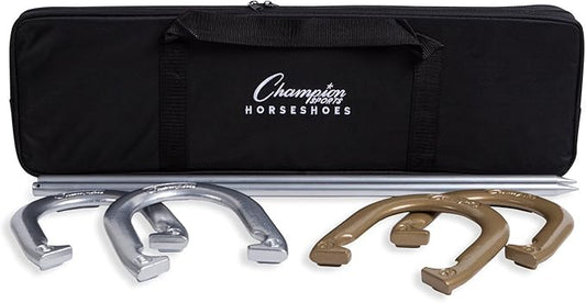 Champion Sports Horseshoe Set: Traditional Outdoor Lawn Game includes Four Professional Solid Steel