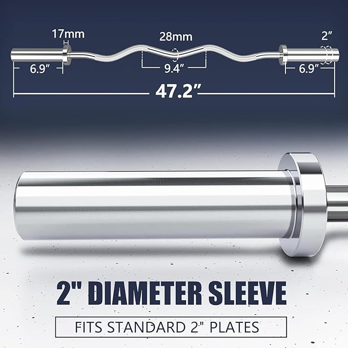 TECHNOAGE Olympic EZ Curl Bar, 47" Curl Bar(350/500LBS Capacity) 20LB, Solid Steel, Chrome Finish Barbell with Copper Sleeve and Bearing for 2-inch Plates, for Weight Lifting,Hip Thrusts,Squat,Biceps-Home Gym Weight Bar
