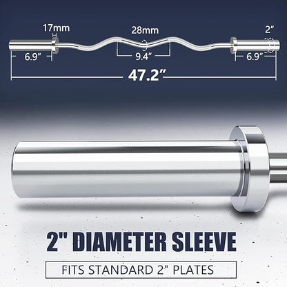 TECHNOAGE Olympic EZ Curl Bar, 47" Curl Bar(350/500LBS Capacity) 20LB, Solid Steel, Chrome Finish Barbell with Copper Sleeve and Bearing for 2-inch Plates, for Weight Lifting,Hip Thrusts,Squat,Biceps-Home Gym Weight Bar