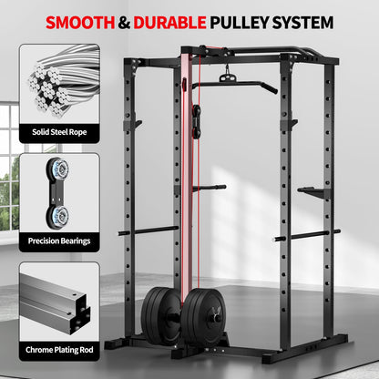 JEEKEE Power Rack with LAT Pulldown, 2000LBS Power Cage with Cable System, Multi-Function Squat