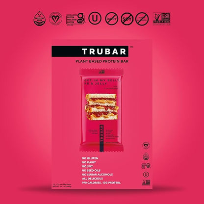 TRUBAR Vegan Protein Bar, Get In My Belly Pb & Jelly, Gluten Free, Plant Based, High Fiber, Dairy Free, Low Fat, Non GMO, No Sugar Alcohols, 12G Lean Protein, 13G Fiber, Healthy Snack Bars, 12 CT