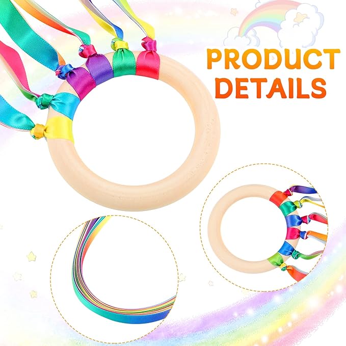 12 Pcs Rainbow Ribbon Wooden Waldorf Toys Creative Waldorf Hand Kite Set Streamers with Wood Ring Sensory Learning Educational Toy for Playroom Dancing Birthday (Gradient Color)