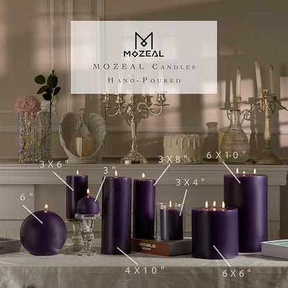 MOZEAL 3" x 4" Hand-Poured Unscented Candle,Dripless Pillar Candle Set of 3,Long Clean Burning,Approx 72 Hours Burn Time,Rustic Country Style,Wedding,Dinner,Christmas and Home Decor,Dark Purple