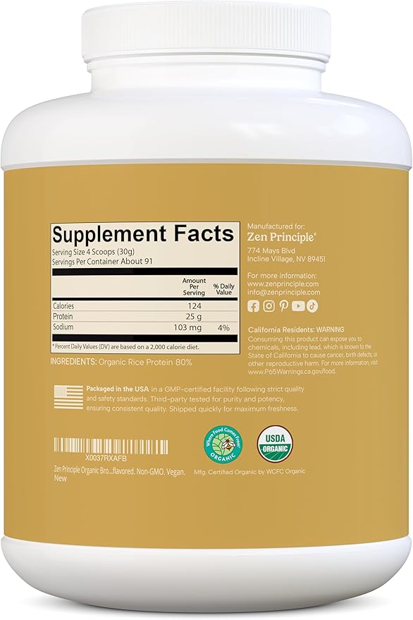 Zen Principle Organic Brown Rice Protein 6 LB. USDA Certified Organic. Unflavored. Non-GMO. Vegan.