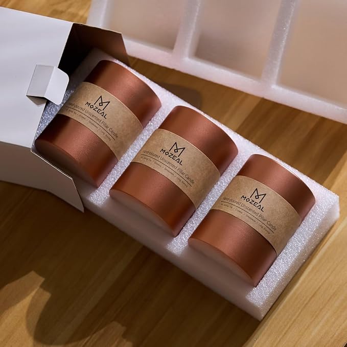 MOZEAL 3" x 6" Hand-Poured Unscented Candle, Dripless Pillar Candle Set of 3, Long Lasting Burning, Approx 120 Hours Burn Time, Rustic Country Style, for Harvest Festivities, Autumn Glow, Copper