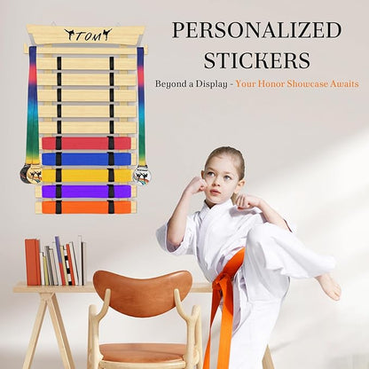 10 Belts Karate Belt Display Rack with Stickers, Taekwondo Belt Display, Martial Arts Belt Display Holder, Jiu Jitsu BJJ Belt Display Hanging Holder for Kids and Adults Gifts