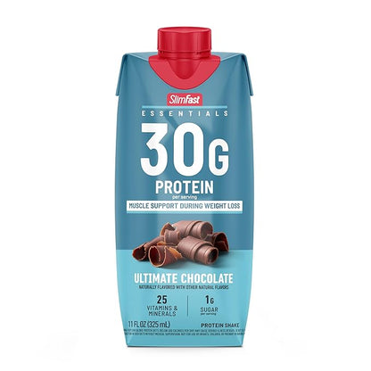 SlimFast Essentials 30g Protein Shake Chocolate, Protein Shakes Ready to Drink, Muscle Support, 1g Sugar, 25 Vitamins and Minerals, 3g Net Carbs, Ultimate Chocolate, 12 Count