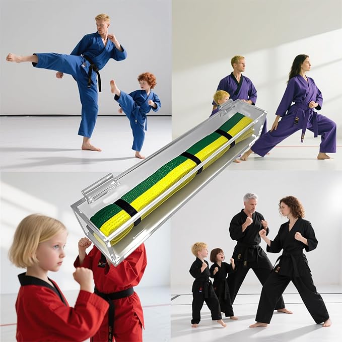 Acrylic Flip-Top Martial Arts Belt Display Case – Clear Plastic Cover with Wood Base for Karate, Taekwondo, Judo, Jiu Jitsu Belts – Tabletop Dojo Showcase & Home Decor Organizer