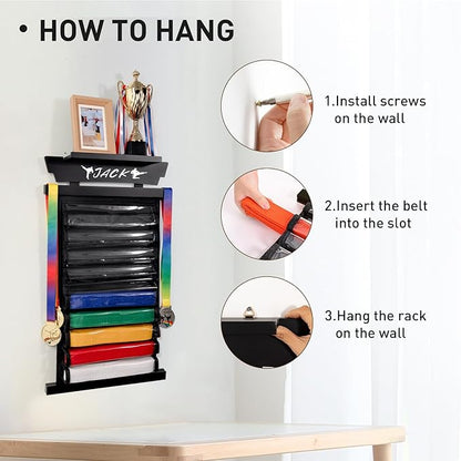 Tilhumt 12/10 Belts Karate Belt Display Rack with Stickers, Taekwondo Belt Display with Trophy/Photo Rack, Felt Dustproof Design, Easy to Put in Belt, Martial Arts Belt Display for Adults