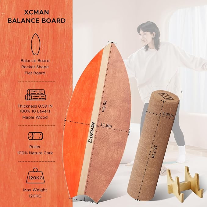 XCMAN Surf Balance Board Trainer with Roller Wooden Exercise Balancing Stability Trainer - Non Slip Surface for Adults Kids|Balance Board for Surfing,Snowboarding,Skateboarding,Hockey,Yoga Training