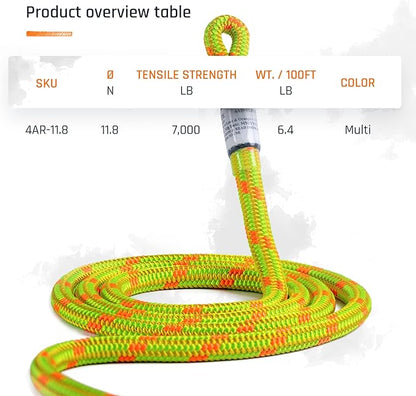Pelican Rope Arborist Rope 11.8mm x 120Ft, USA Made High-Strength 24-Strands Static Climbing Rope - 5,400 lb Strength for Tree Climbing, Pulling, Outdoors & Swing - Yellow, Tight Spliced Eye