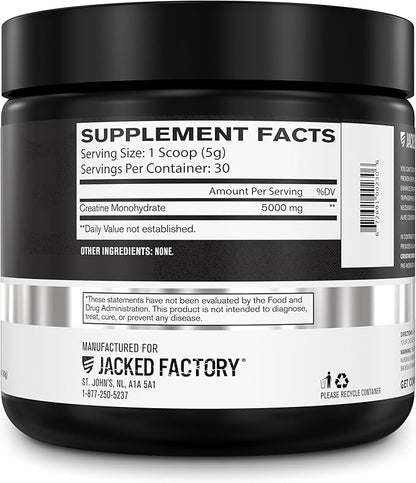 Jacked Factory Creatine Monohydrate Powder 150g - 5g Daily Creatine Supplement for Men and Women, Vegan-Friendly, Third-Party Tested - 30 Servings, Unflavored