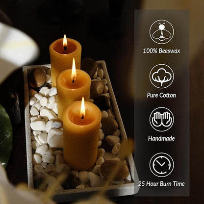 Natural Beeswax Pillar Candles 4 Packs - Honeycomb Surface - 100% Pure Beeswax Candles No Scent- for Emergency/Prayer/Relax (2inch Diameter, 4 inch Tall - Yellow)