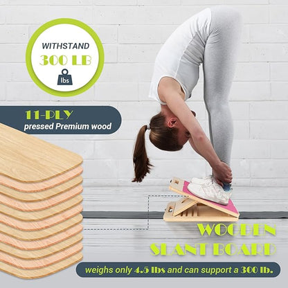 Slant Board for Calf Stretching, Adjustable Portable Wooden Incline Board for Calf Stretcher with Training Poster, 300 Lbs Weight Capacity Calf Stretch Wedge for Leg, Knees, Heel, Ankle & Stretching