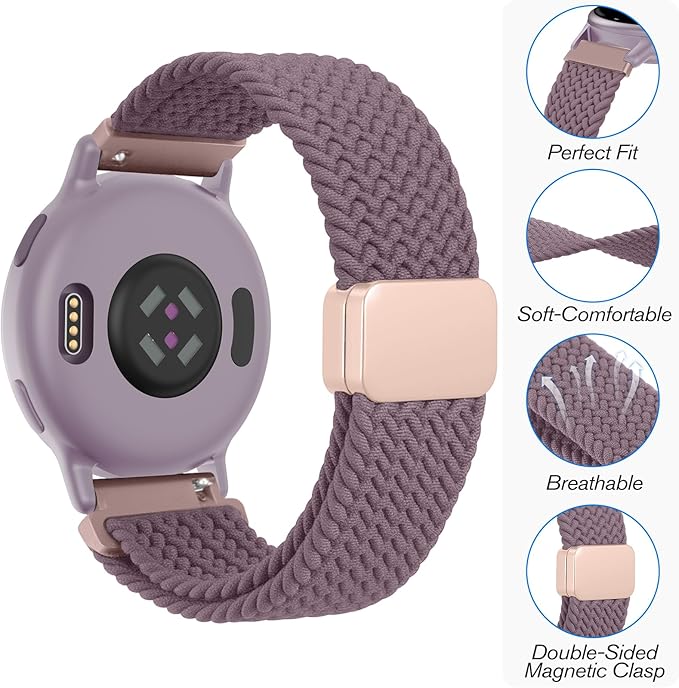 FINTIE Magnetic Braided Band Compatible with Garmin Vivoactive 5/6/Vivoactive 3, Garmin Venu/Venu Sq/Sq 2/Forerunner 55/165/645/245 Music, 20mm Stretchy Nylon Elastic Sport Strap (Smoke Violet)