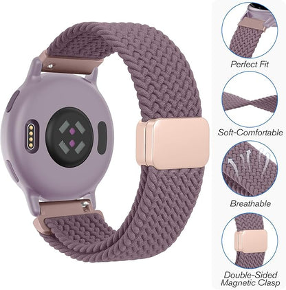 FINTIE Magnetic Braided Band Compatible with Garmin Vivoactive 5/6/Vivoactive 3, Garmin Venu/Venu Sq/Sq 2/Forerunner 55/165/645/245 Music, 20mm Stretchy Nylon Elastic Sport Strap (Smoke Violet)