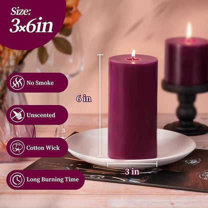 KONNI Purple Pillar Candles Set of 3, 3"x 6" Unscented Pillar Candles Bulk, 56 Hours Long Burning Candles, Smokeless&Dripless Large Round Candle for Wedding, Home Decoration, Parties, Spas, Dinner