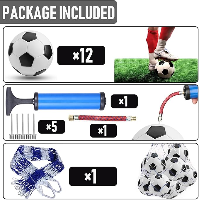 12-Pack Training Soccer Balls Size 5/4/3 with Pump – Bulk Deflated Balls for Teens and Adults, Ideal for Indoor Outdoor Practice, School Activities, Sports Events, Party Favors Gifts