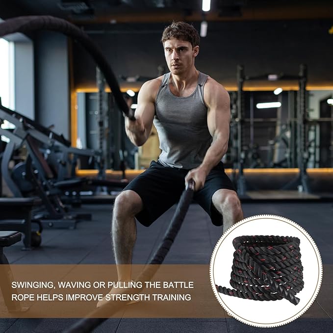MECCANIXITY Battle Rope 30ft x 1.5 Inch Polyester Workout Rope Heavy Fitness Exercise Rope for Strength Training Home Gym Muscle Building, Black Red