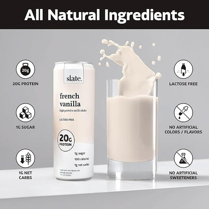 Slate Milk - High Protein Milk Shake - French Vanilla - Lactose Free, 20g Protein, 1g Sugar, 100 Calories, 1g Net Carbs, No Added Sugar - Natural, Breakfast Boost, Post Workout - 11 fl oz, 48 Cans