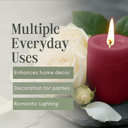 Mister Candle Dripless Unscented Pillar Candles, Set of 3 Hand Poured Solid Color Non-Scented Candles for Home Decor, Premium Wax, 60 Hr Burn Time - 3x4 Inch, Burgundy