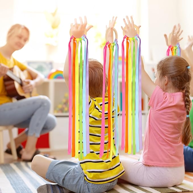 12 Pcs Rainbow Ribbon Wooden Waldorf Toys Creative Waldorf Hand Kite Set Streamers with Wood Ring Sensory Learning Educational Toy for Playroom Dancing Birthday (Fresh Color)