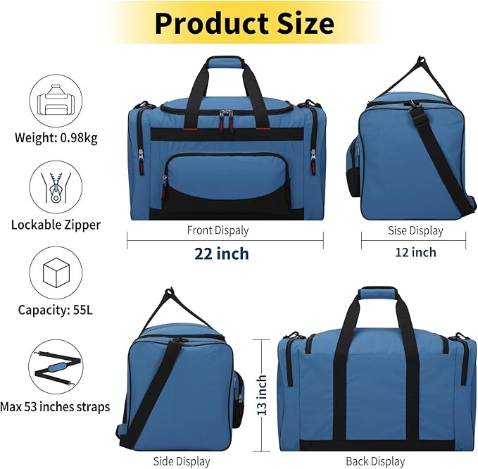 22 inch Gym Bag for Men - 55L Large Travel Duffle Bag Sports Equipment Bag with Multiple Zippered Pockets,Outdoor Workout Duffle Bag for Overnight Weekend - Blue