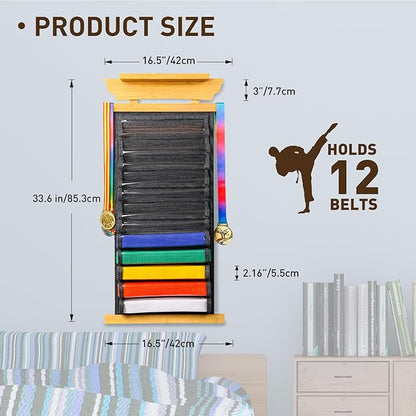 Tilhumt 12/10 Belts Karate Belt Display Rack with Stickers, Taekwondo Belt Display with Trophy/Photo Rack, Felt Dustproof Design, Easy to Put in Belt, Martial Arts Belt Display for Adults