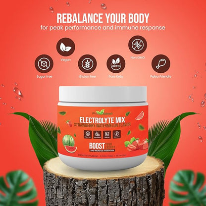 Electrolyte Powder - Refreshing Workout Recovery Electrolytes, Sugar Free, Gluten Free & Vegan, Pure Keto & Paleo Hydration Beverage, Immune Boosting Vitamins (198 Grams, Strawberry Watermelon)