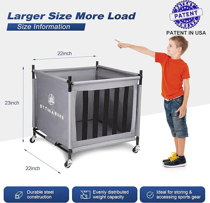 Sports Ball Storage Cart with Wheels, Lockable Ball Organizer Basket with Elastic Straps, Stackable Ball Cage for Garage Storage, Gym, Sports Equipment Storage Oxford Bin, Ball Case