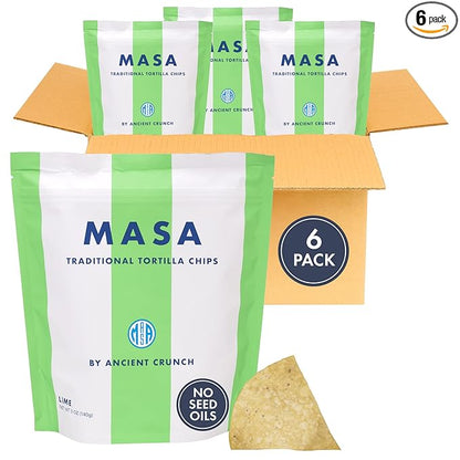 MASA Chips - Lime Flavored Tortilla Chips, Handmade Corn Chips & Crisps - Naturally Grown White Corn, Made with Grass Fed Tallow & Sea Salt - 6 Pack, 5 Ounce Each