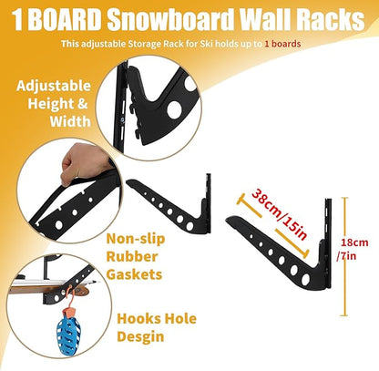 Snowboard Wall Racks, Adjustable Storage Rack for Ski, Surfboard, Wakeboard, Snowboard Wall Mount Display, Black