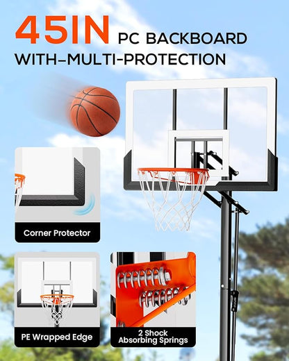 Basketball Hoop Outdoor with 45 Inch Shatterproof Backboard, Portable Basketball Goal System 4.8-10ft Height Adjustable for Kids, Youth, Adults, Backyard/Driveway/Indoor