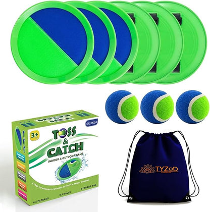 Toss and Catch Ball Set, Outdoor Games, Beach Games for Kids, Toss Ball and Catch Game Set for Kids/Family (6 Paddles, 3 Balls and 1 Storage Bag) (Blue-Green)