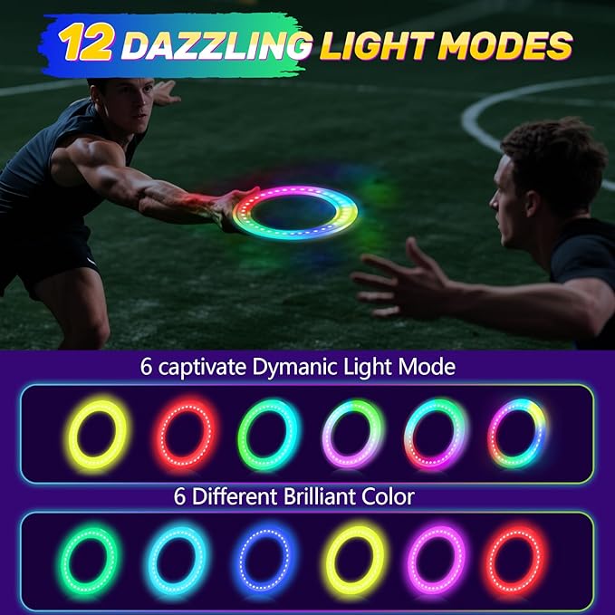 Amarlozn Light up Flying Ring Disc Toy for Kids Adults, 10" Rechargeable 12 Dynamic Modes Glow in The Dark Flying Ring, Led Flashing Beach Sport Disc, Outdoor Park Yard Night Camping, Toss Catch Game