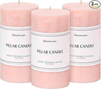 3x6 inch Pink Pillar Candles Set of 3, Unscented Pillar Candle, Dripless and Smokeless Large Candles, Candle for Home Decor, Dinner Table,Weddings, Holidays