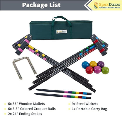 Six Player Deluxe Croquet Set, 35'' Croquette Game with Premium Wooden Mallets/Colored Balls/Wickets/Stakes/Carrying Bag, Outdoor Lawn Backyard Games for Teens Adults Family