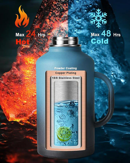 64oz Water Bottle Insulated with Handle,Double-Wall Vacuum Stainless Steel (Cold for 48 Hrs), Half Gallon Water Jugs,Reusable Metal Water Flask with Carry Pouch,Straw & Spout Lid,Indigo Black